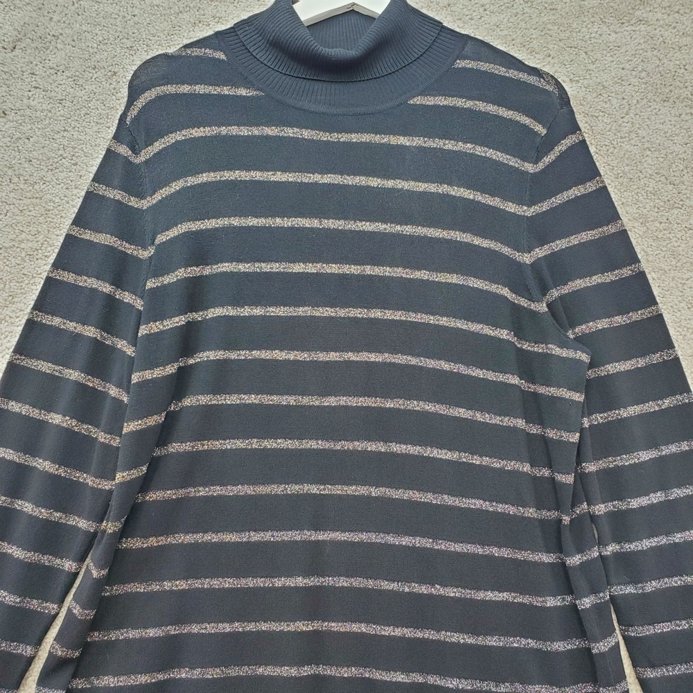 Chicos Sweater Women 2 Large Black Silver Metallic Stripe Turtleneck Long Sleeve